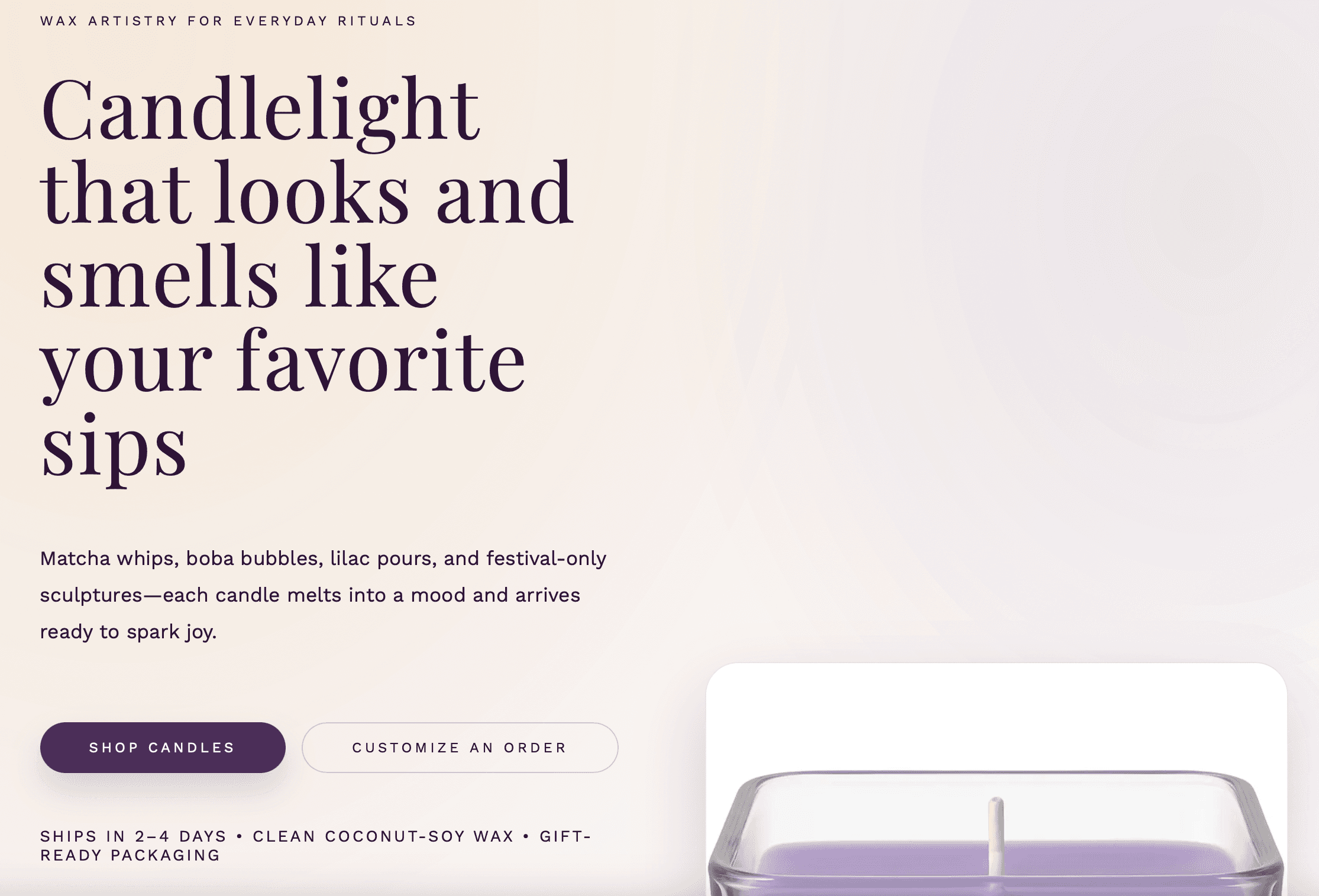 Charming Lilac storefront showing featured candle collection
