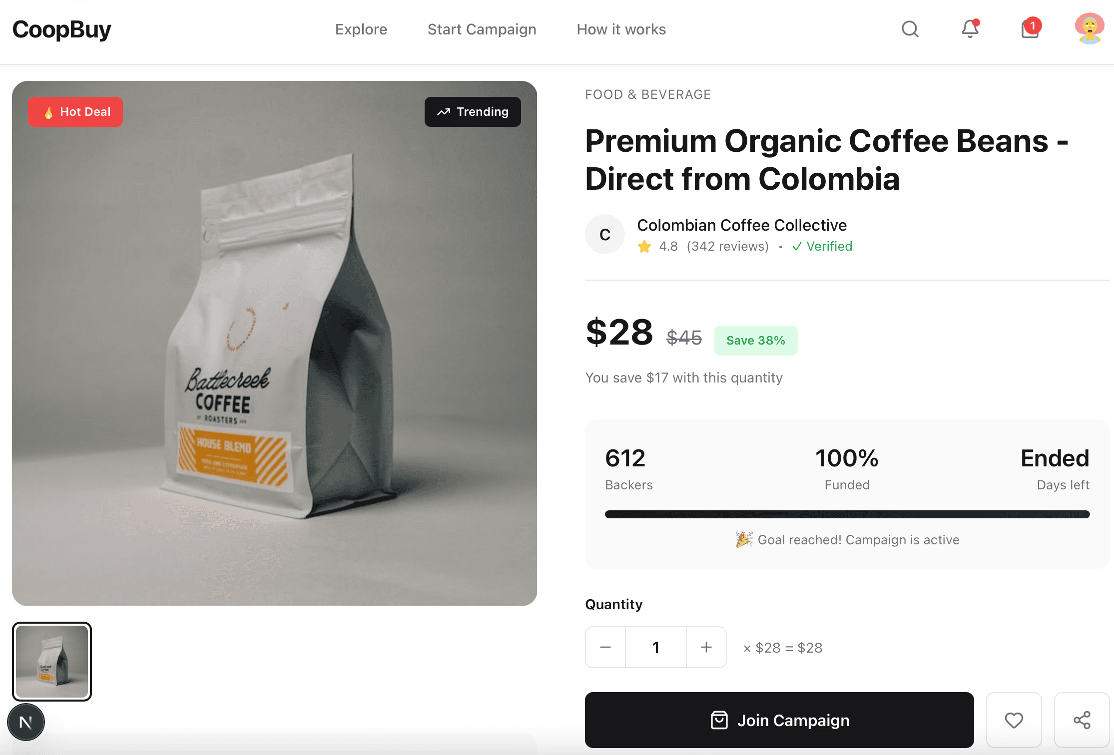 Detailed campaign page with wholesale metrics and purchase actions