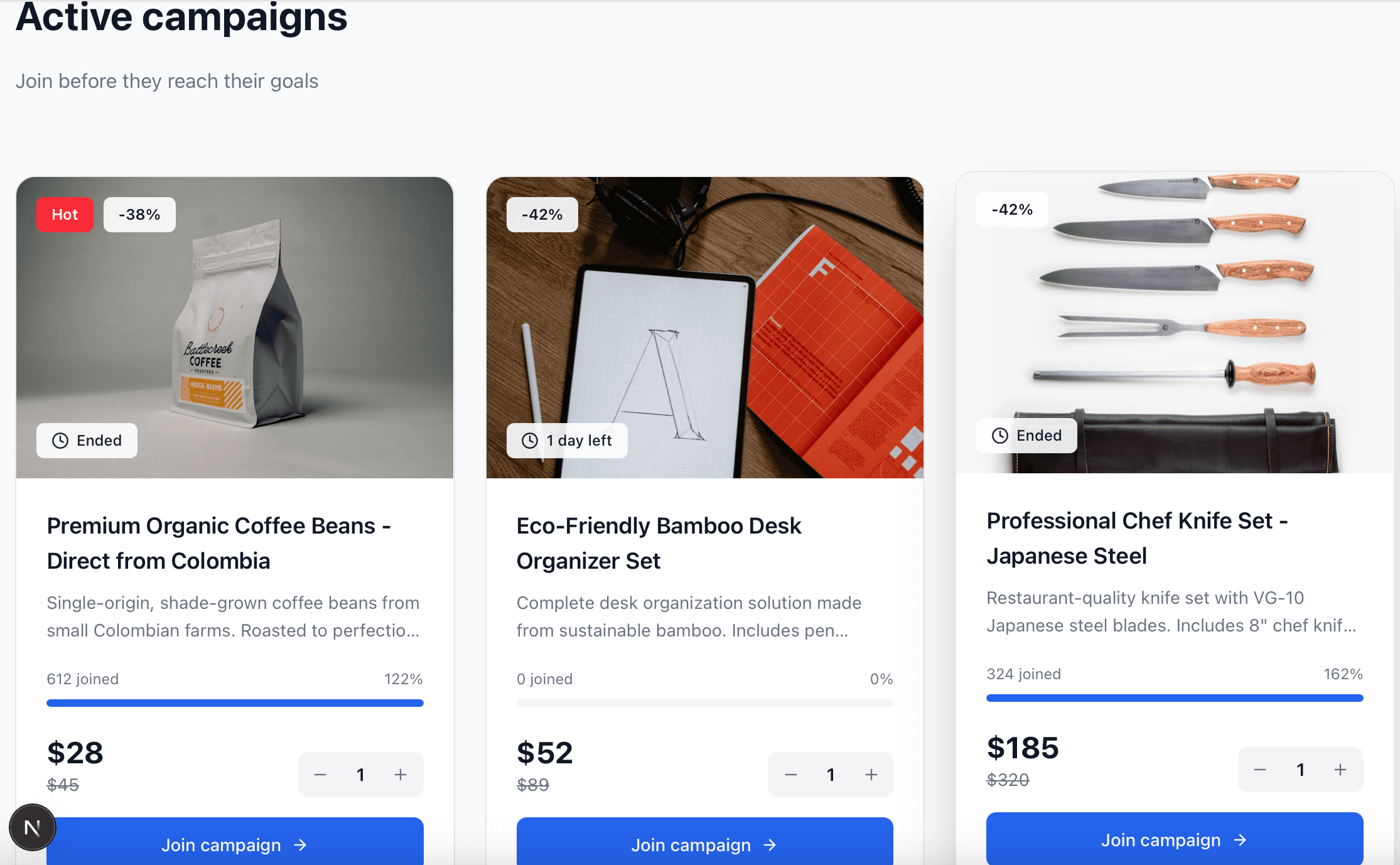 Active co-op campaigns with pricing, progress, and join actions