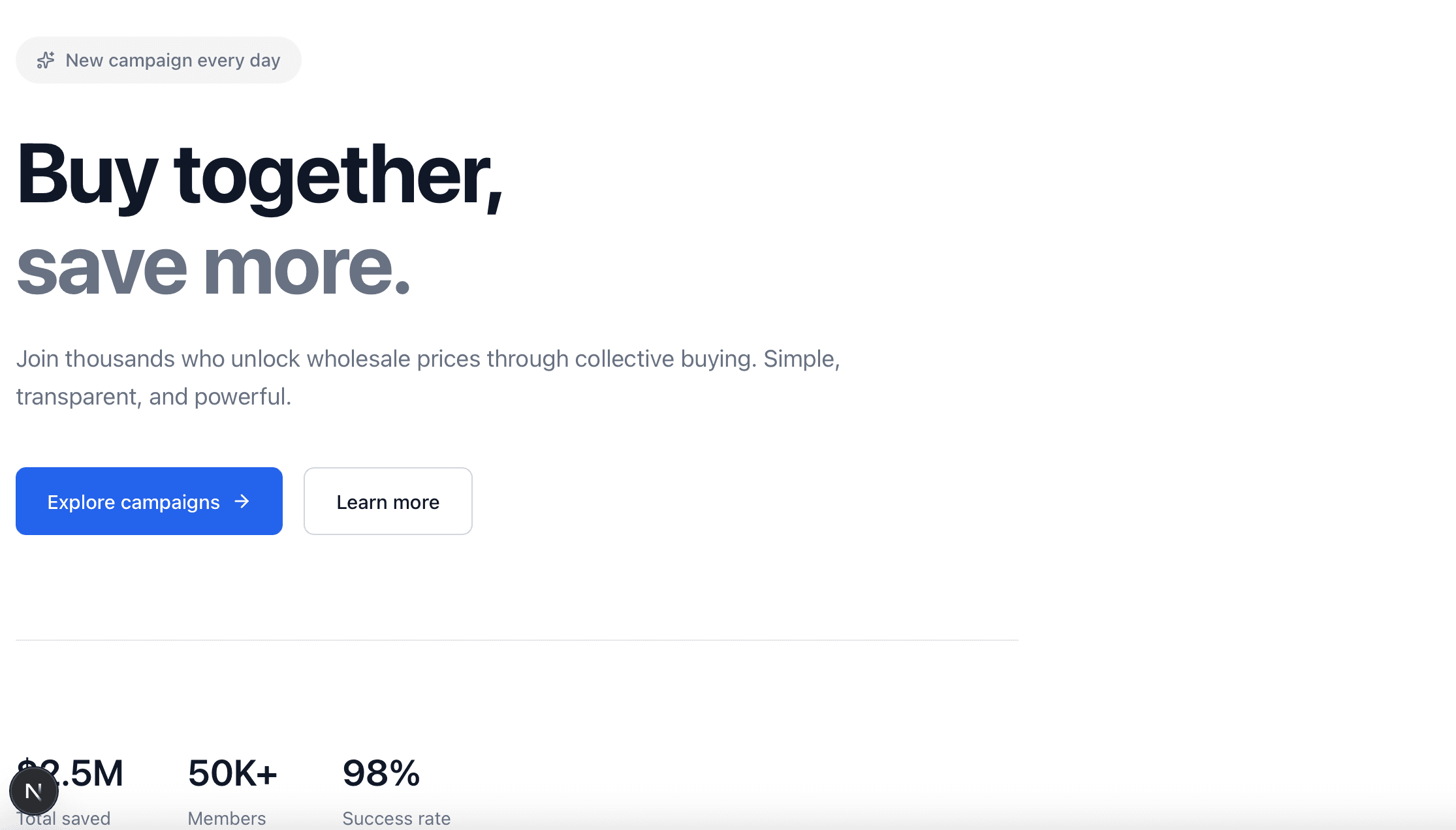 Cooperative purchasing landing page inviting users to join campaigns